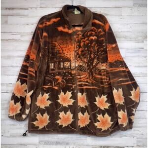 Vintage Autumn Scene Leaf Zip-Front Fleece Jacket Brown Orange Cabin AOP Sz XL